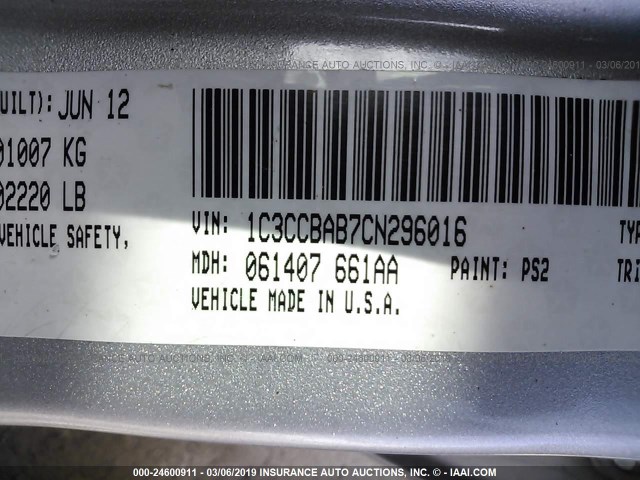 1C3CCBAB7CN296016 - 2012 CHRYSLER 200 LX SILVER photo 9