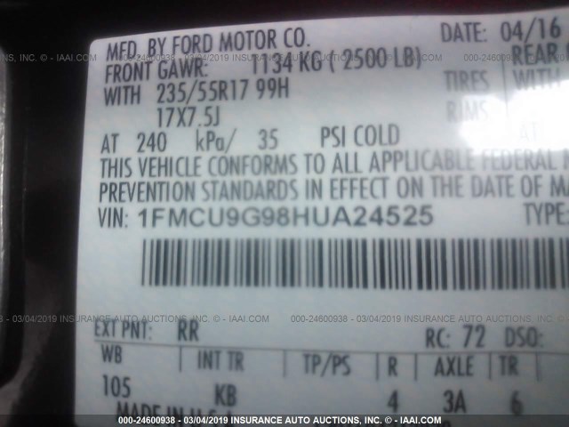 1FMCU9G98HUA24525 - 2017 FORD ESCAPE SE RED photo 9