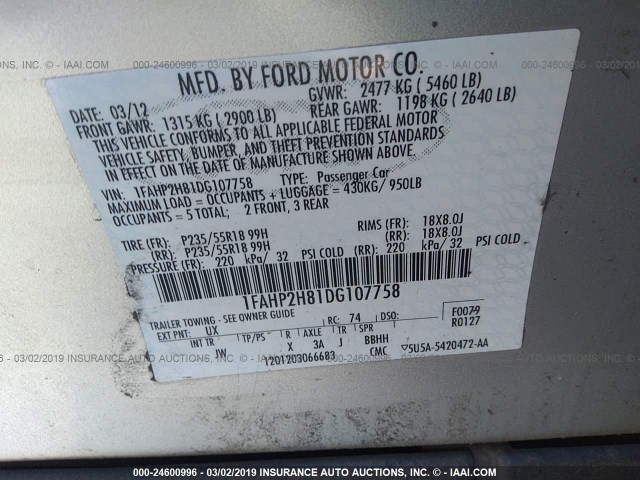 1FAHP2H81DG107758 - 2013 FORD TAURUS SEL SILVER photo 9