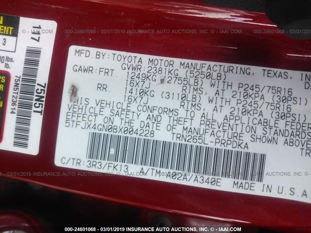 5TFJX4GN0BX004228 - 2011 TOYOTA TACOMA DOUBLE CAB 红色 照片 9