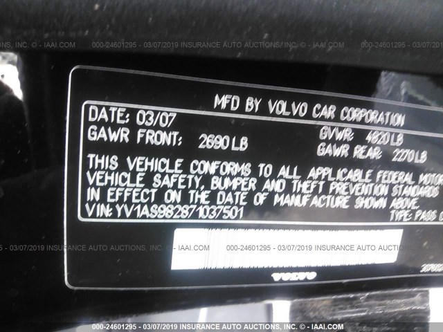 YV1AS982871037501 - 2007 VOLVO S80 3.2 BLACK photo 9