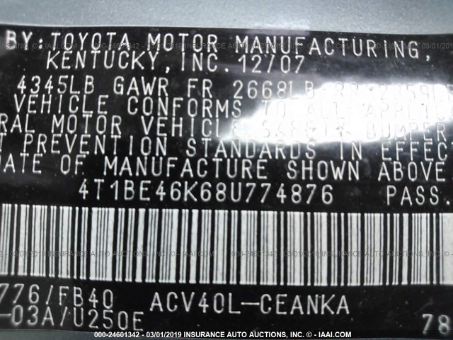 4T1BE46K68U774876 - 2008 TOYOTA CAMRY CE/LE/XLE/SE BLUE photo 9