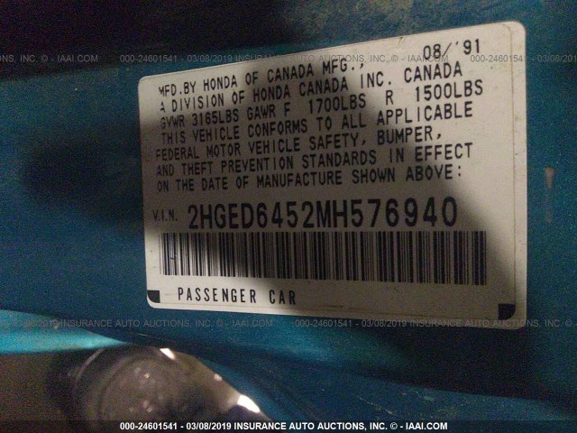 2HGED6452MH576940 - 1991 HONDA CIVIC DX TEAL photo 9