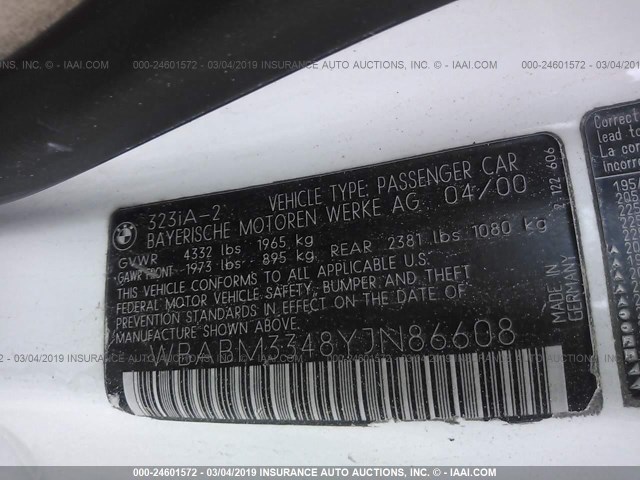 WBABM3348YJN86608 - 2000 BMW 323 CI WHITE photo 9