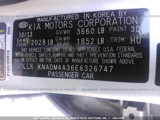 KNADM4A36E6326747 - 2014 KIA RIO LX SILVER photo 9