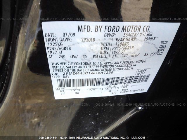 2FMDK4JC1ABA17235 - 2010 FORD EDGE SEL Dark Blue photo 9