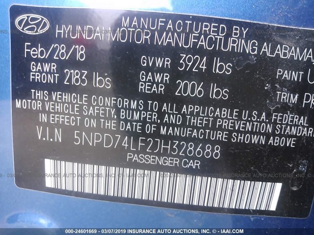 5NPD74LF2JH328688 - 2018 HYUNDAI ELANTRA SE BLUE photo 9