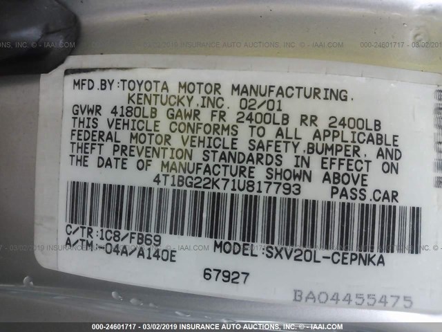 4T1BG22K71U817793 - 2001 TOYOTA CAMRY CE/LE/XLE 银色 照片 9