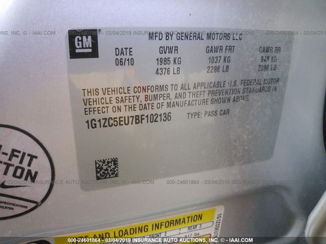 1G1ZC5EU7BF102136 - 2011 CHEVROLET MALIBU 1LT SILVER photo 9