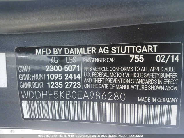 WDDHF5KB0EA986280 - 2014 MERCEDES-BENZ E 350 GRAY photo 9