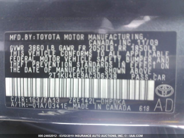 2T1KU4EE9AC306338 - 2010 TOYOTA COROLLA MATRIX  GRAY photo 9