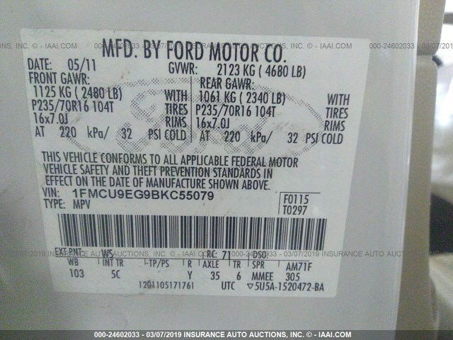 1FMCU9EG9BKC55079 - 2011 FORD ESCAPE LIMITED WHITE photo 9