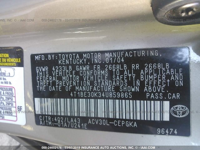 4T1BE30K34U859865 - 2004 TOYOTA CAMRY LE/XLE/SE GOLD photo 9