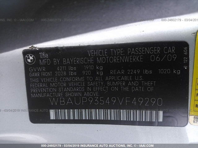WBAUP93549VF49290 - 2009 BMW 128 I Gümüş foto 9