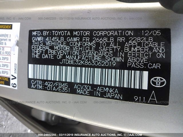 JTDBE32K863062019 - 2006 TOYOTA CAMRY LE/XLE TAN photo 9