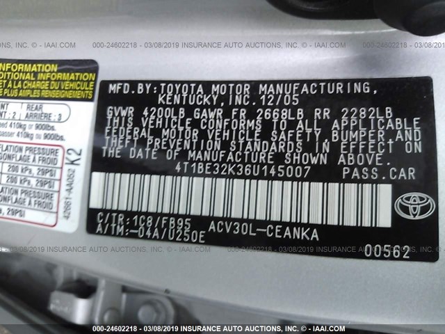 4T1BE32K36U145007 - 2006 TOYOTA CAMRY LE/XLE/SE SILVER photo 9