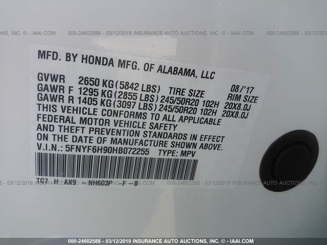 5FNYF6H90HB072255 - 2017 HONDA PILOT TOURING თეთრი ფოტო 9