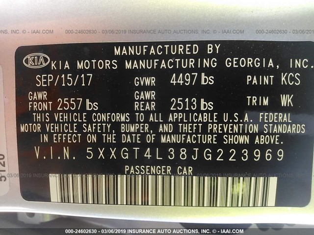 5XXGT4L38JG223969 - 2018 KIA OPTIMA LX/S SILVER photo 9