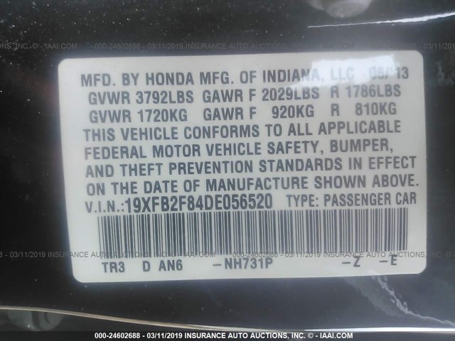 19XFB2F84DE056520 - 2013 HONDA CIVIC EX BLACK photo 9