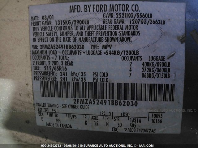 2FMZA52491BB62030 - 2001 FORD WINDSTAR SE GRAY photo 9