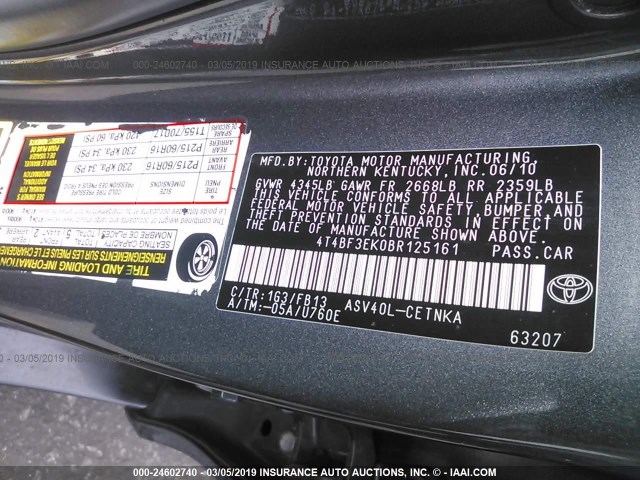 4T4BF3EK0BR125161 - 2011 TOYOTA CAMRY SE/LE/XLE GRAY photo 9