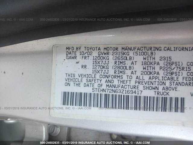 5TEHN72N63Z169417 - 2003 TOYOTA TACOMA DOUBLE CAB 银色 照片 9