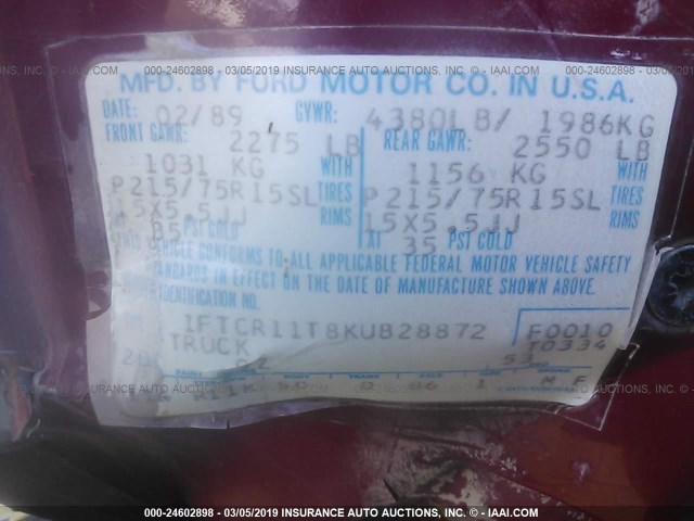 1FTCR11T8KUB28872 - 1989 FORD RANGER RED photo 9