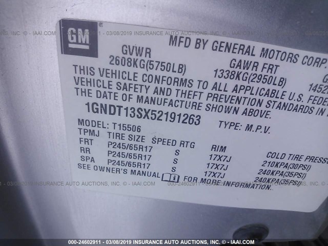 1GNDT13SX52191263 - 2005 CHEVROLET TRAILBLAZER LS/LT SILVER photo 9