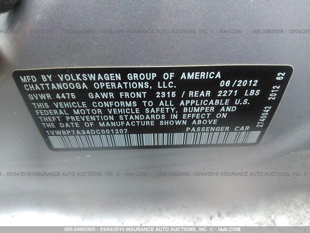 1VWBP7A34DC001207 - 2013 VOLKSWAGEN PASSAT SE SILVER photo 9