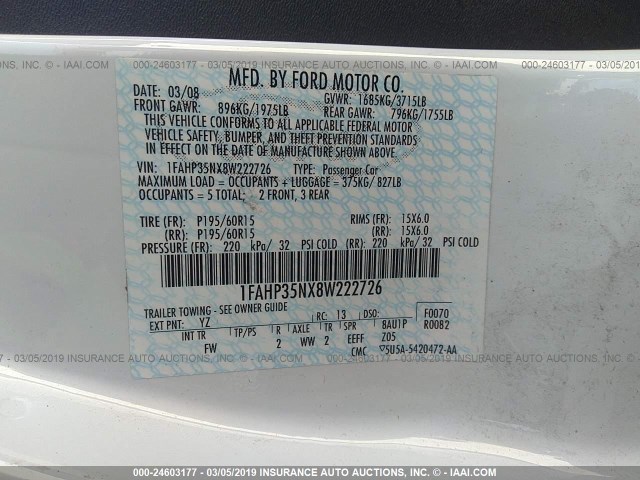 1FAHP35NX8W222726 - 2008 FORD FOCUS SE/SEL/SES WHITE photo 9