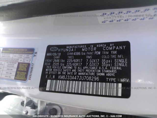 KM8J33A47JU708296 - 2018 HYUNDAI TUCSON LIMITED/SPORT AND ECO/SE WHITE photo 9