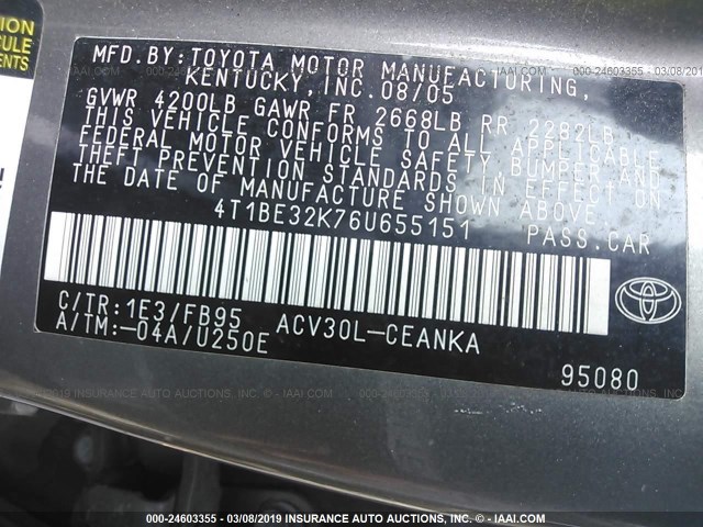 4T1BE32K76U655151 - 2006 TOYOTA CAMRY LE/XLE/SE GRAY photo 9