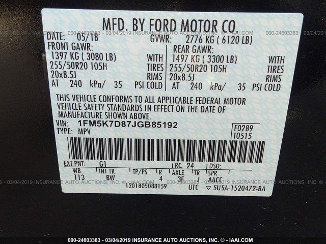 1FM5K7D87JGB85192 - 2018 FORD EXPLORER XLT BLACK photo 9