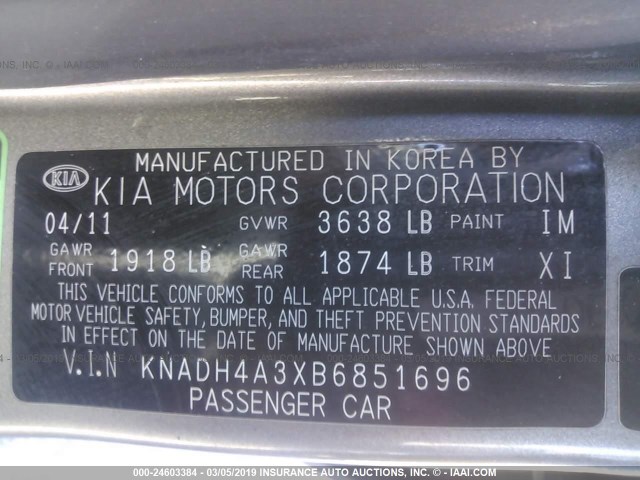 KNADH4A3XB6851696 - 2011 KIA RIO LX/SX GRAY photo 9