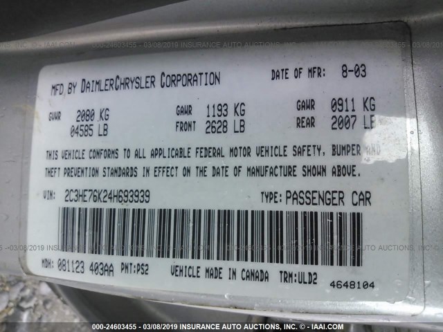 2C3HE76K24H693939 - 2004 CHRYSLER 300M SPECIAL SILVER photo 9