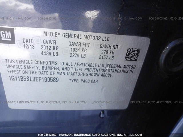 1G11B5SL0EF190589 - 2014 CHEVROLET MALIBU LS BLUE photo 9