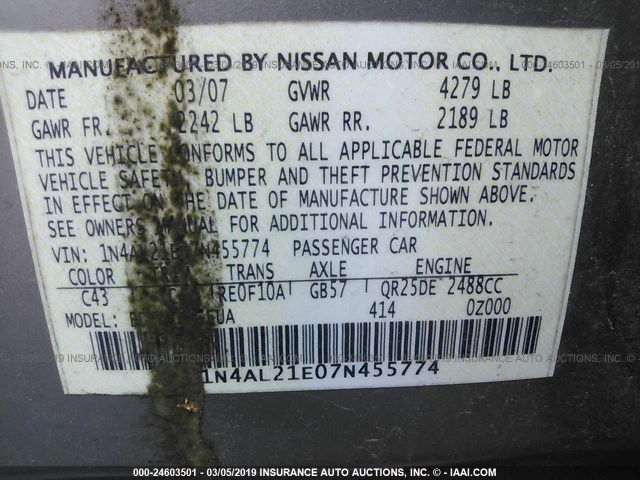 1N4AL21E07N455774 - 2007 NISSAN ALTIMA 2.5/2.5S GRAY photo 9