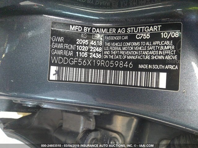 WDDGF56X19R059846 - 2009 MERCEDES-BENZ C 350 GRAY photo 9