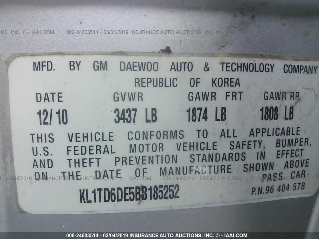 KL1TD6DE5BB185252 - 2011 CHEVROLET AVEO LS/LT Արծաթագույն լուսանկար 9