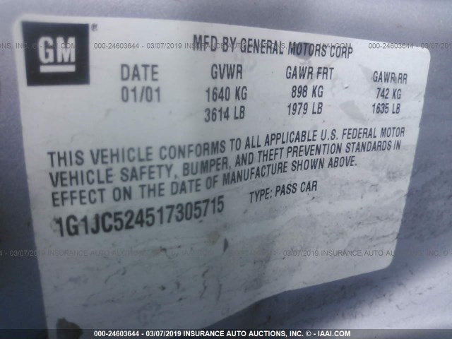 1G1JC524517305715 - 2001 CHEVROLET CAVALIER CNG SILVER photo 9