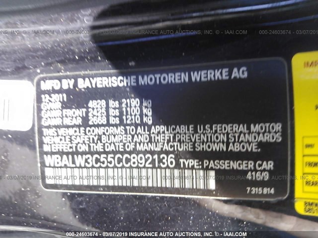 WBALW3C55CC892136 - 2012 BMW 640 I BLACK photo 9