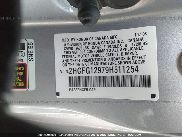 2HGFG12979H511254 - 2009 HONDA CIVIC EXL SILVER photo 9