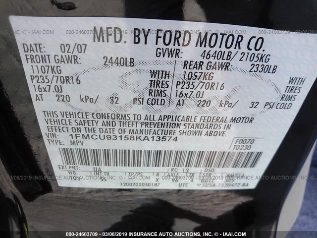 1FMCU93158KA13574 - 2008 FORD ESCAPE XLT 黑色 照片 9