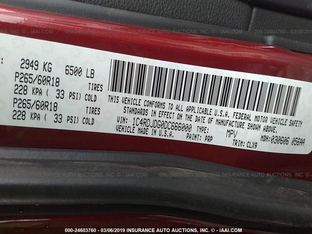 1C4RDJDG0DC666000 - 2013 DODGE DURANGO CREW RED photo 9