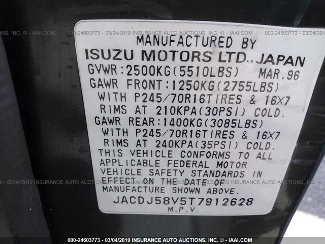 JACDJ58V5T7912628 - 1996 ISUZU TROOPER S/SE/LS/LIMITED BLACK photo 9