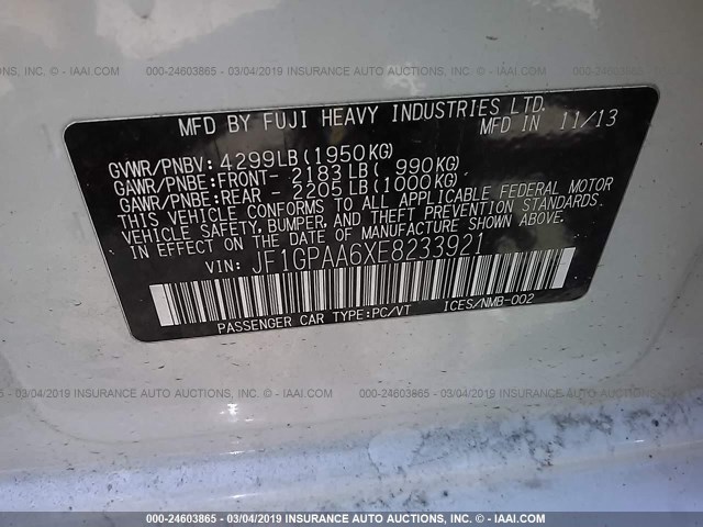 JF1GPAA6XE8233921 - 2014 SUBARU IMPREZA WHITE photo 9