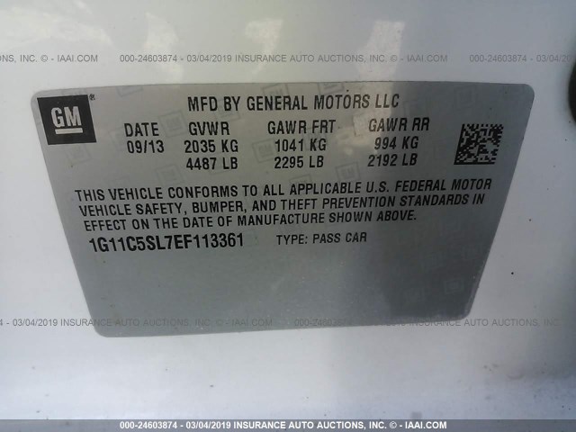 1G11C5SL7EF113361 - 2014 CHEVROLET MALIBU 1LT 白色 照片 9