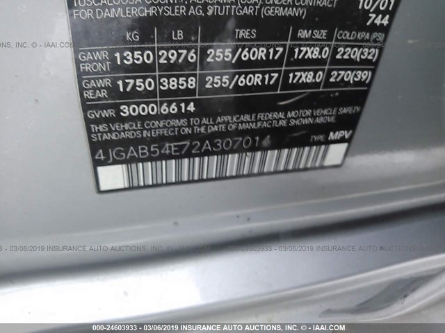 4JGAB54E72A307014 - 2002 MERCEDES-BENZ ML 320 SILVER photo 9