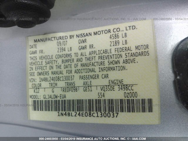 1N4BL24E08C130037 - 2008 NISSAN ALTIMA 3.5SE SILVER photo 9