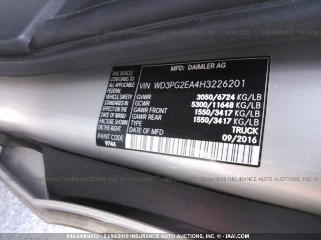 WD3PG2EA4H3226201 - 2017 MERCEDES-BENZ METRIS SILVER photo 9